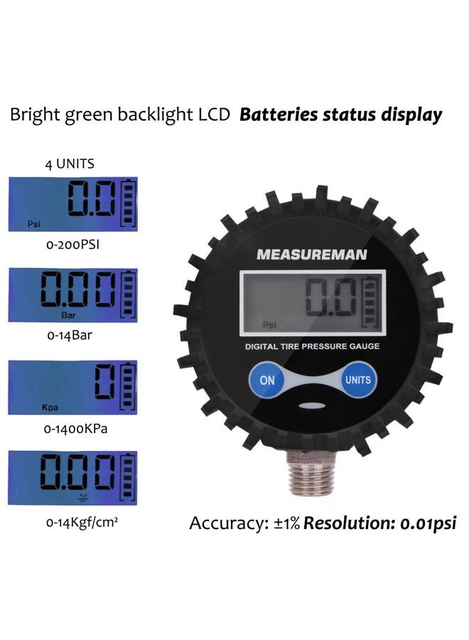 MEASUREMAN 2-1/2" Dial Size Digital Air Pressure Gauge with 1/4'' NPT Bottom Connector and Protective Boot, 0-200psi, Accuracy 1%, Battery Powered with LED Light - Image 3