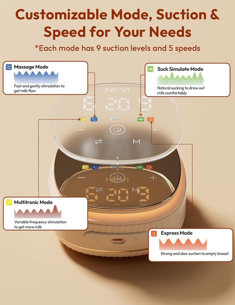 NCVI مضخة الثدي الكهربائية المزدوجة NCVI 8116 مع وضعيات قابلة للتخصيص وسرعة شفط من الدرجة الطبية مضخة رضاعة محمولة قابلة لإعادة الشحن 21242832 مم مريحة وفعالة للعمل والمنزل والرحلات - Image 4