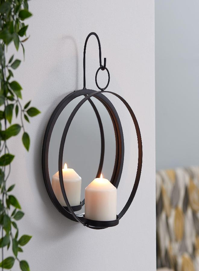Danya B Danya B. Round Wrought Iron Pillar Candle Sconce with Mirror - A Decorative Rustic Metal Hanging Wall Candleholder  - Image 3