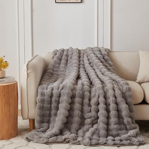 COOVA Faux Fur Throw Blanket for Couch, Cozy Soft and Fuzzy Plush Rabbit Fur Bubble Blanket for Sofa Bedroom Living Room, 50x60 Inches Grey - Image 1