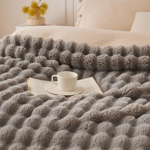 COOVA Faux Fur Throw Blanket for Couch, Cozy Soft and Fuzzy Plush Rabbit Fur Bubble Blanket for Sofa Bedroom Living Room, 50x60 Inches Grey - Image 2