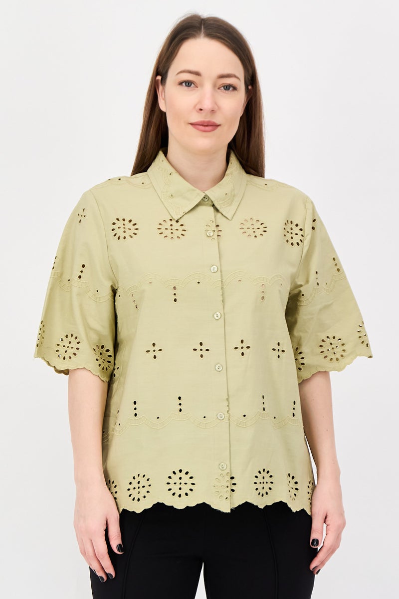 Material Girl Women Spread Collar Short Sleeve Embroidered Shirt, Sage - Image 1