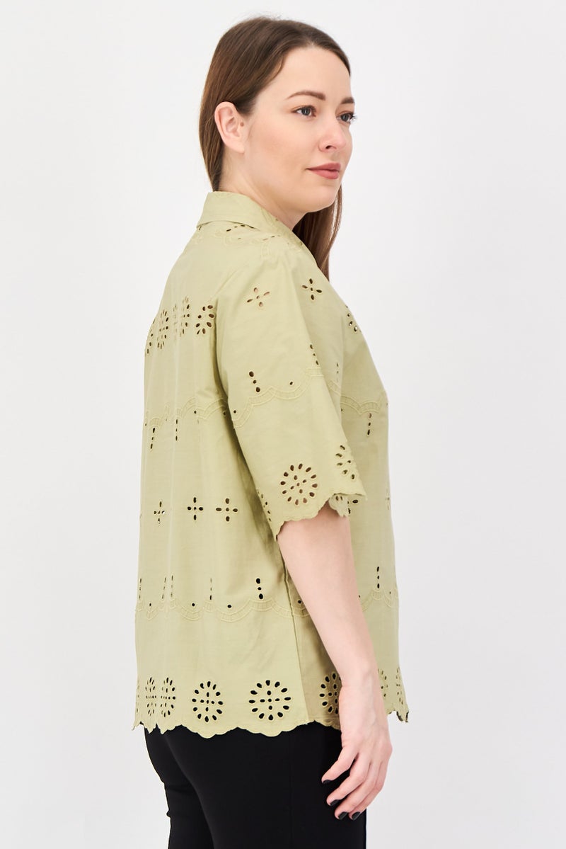 Material Girl Women Spread Collar Short Sleeve Embroidered Shirt, Sage - Image 3
