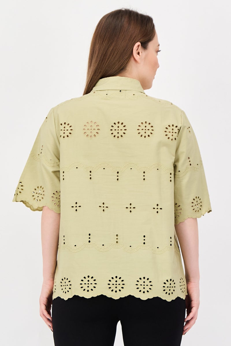 Material Girl Women Spread Collar Short Sleeve Embroidered Shirt, Sage - Image 4