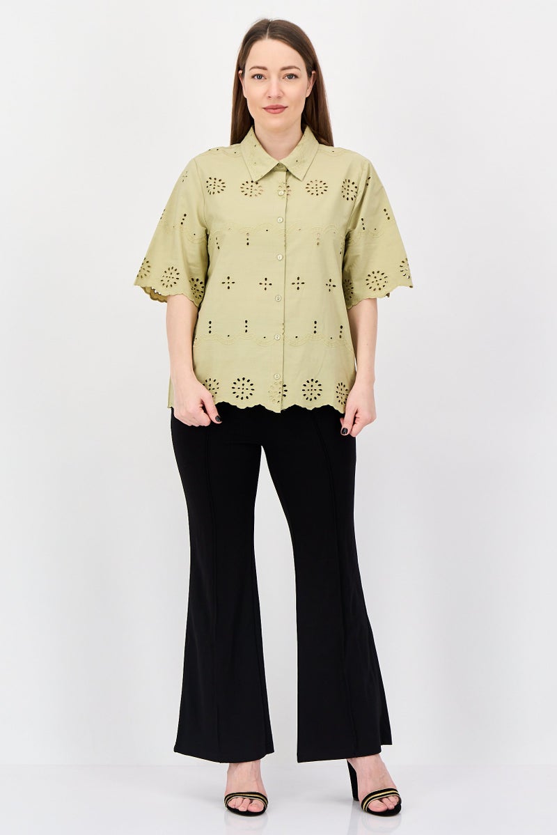 Material Girl Women Spread Collar Short Sleeve Embroidered Shirt, Sage - Image 2