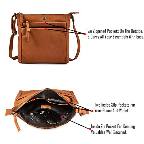 Cochoa Small Soft Genuine Leather Crossbody Purse Women’s Sling Crossover Shoulder Travel Handbag with Triple Zipper (Cognac Nappa) - Image 3