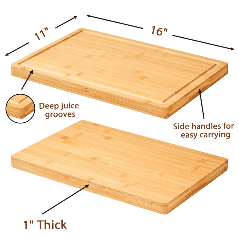 Allsum Bamboo Wood Cutting Boards for Kitchen, 1" Thick Charcuterie Boards, Butcher Block with Juice Grooves & Handles - Image 3