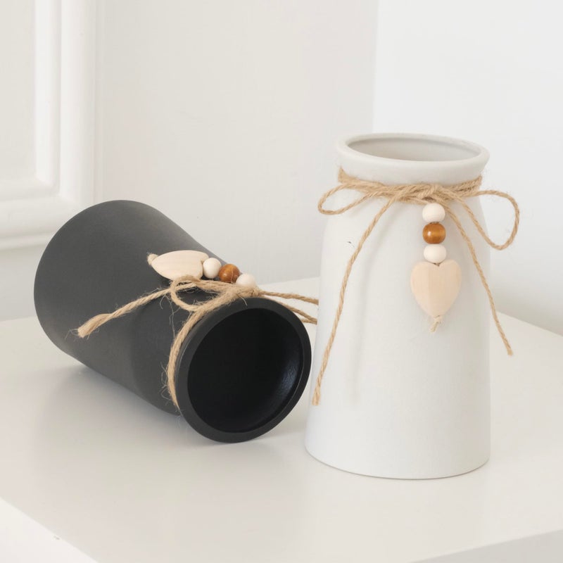 QIMOND Charming 6-Inch Ceramic Vase | Jute Rope & Heart Charm Vase for Bohemian Farmhouse & Boho DÃ©cor, White Color - Image 2