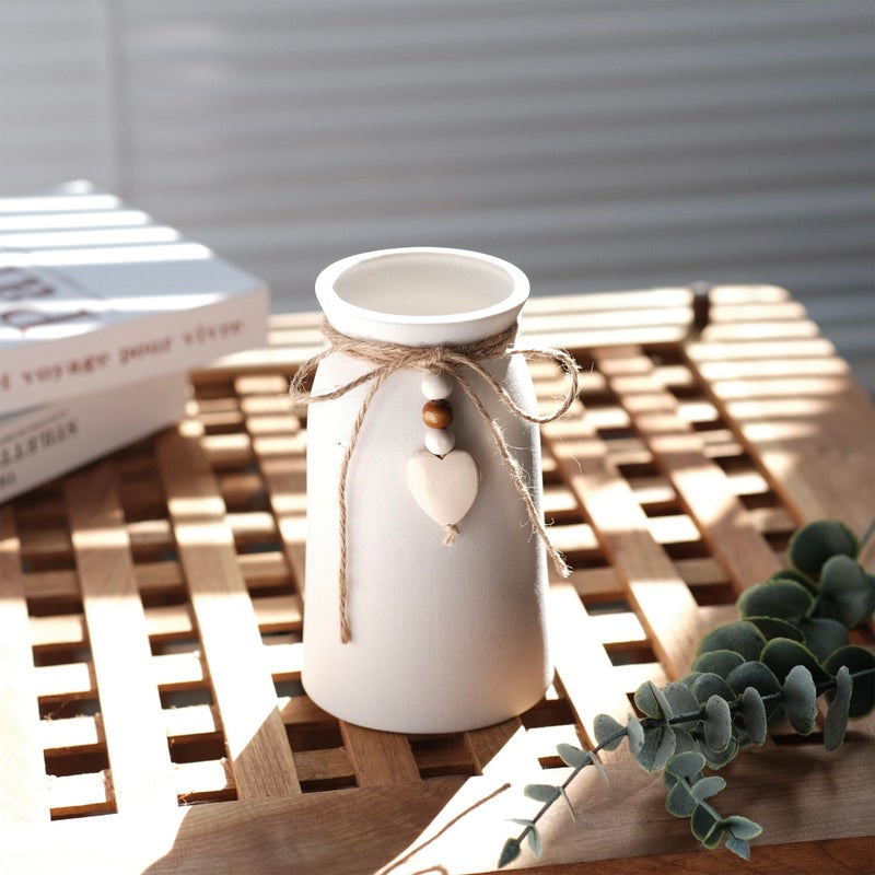 QIMOND Charming 6-Inch Ceramic Vase | Jute Rope & Heart Charm Vase for Bohemian Farmhouse & Boho DÃ©cor, White Color - Image 3