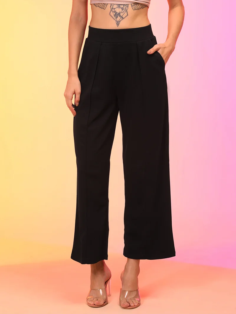 globus Women Black Pleated High-Rise Straight Fit Wide Leg Trousers