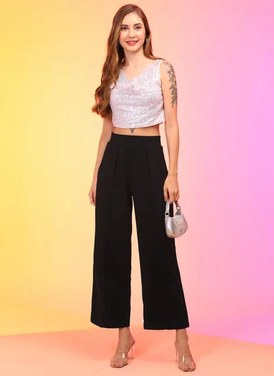 globus Globus Women Black Pleated High-Rise Straight Fit Wide Leg Trousers