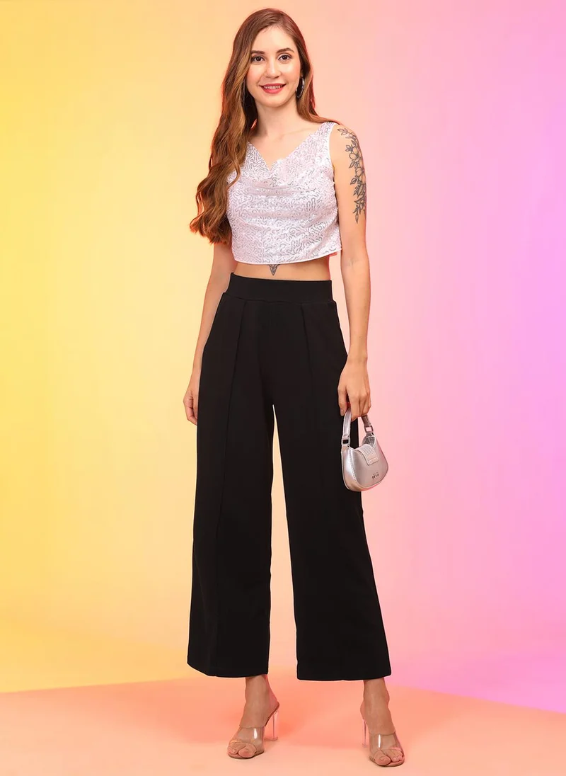 جلو باص بنطلون نسائي واسع الساق مستقيم بخصر مرتفع مطوي أسود من جلوبس