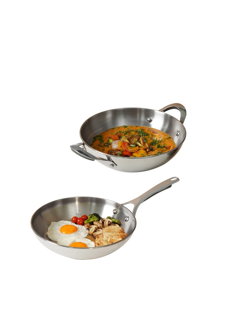 MEYER Meyer Select Nickel Free Stainless Steel 28cm Frypan + 30cm Kadhai | Kadai with Lid, 3 Piece Cookware Set (Induction & Gas Compatible), Silver  - Image 1