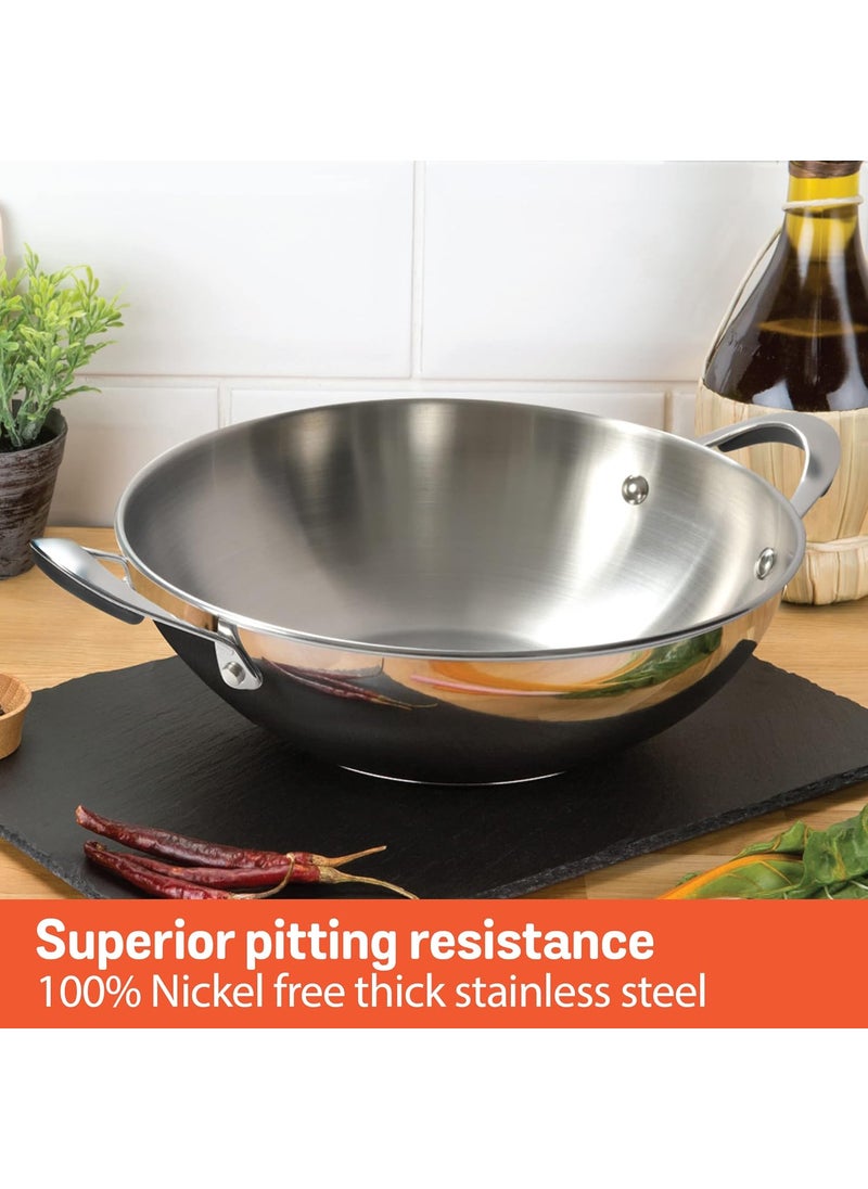 MEYER Meyer Select Nickel Free Stainless Steel 28cm Frypan + 30cm Kadhai | Kadai with Lid, 3 Piece Cookware Set (Induction & Gas Compatible), Silver  - Image 4