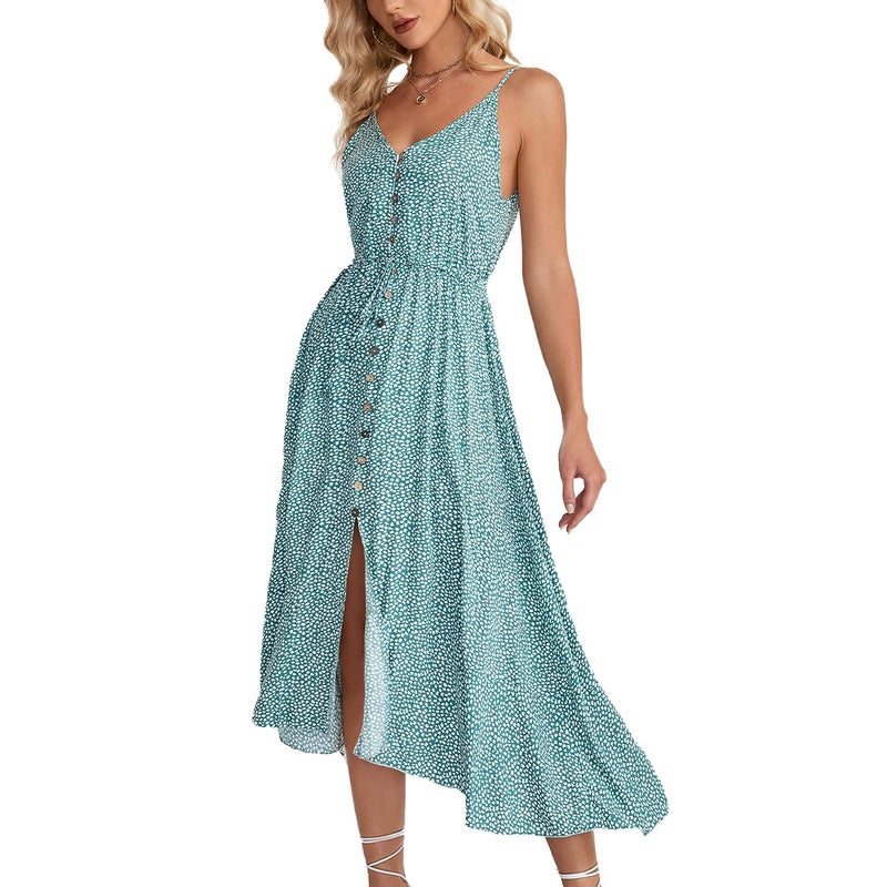 BROVAVE Women's 2025 Summer Casual Boho Sundress Polka Dot Spaghetti Strap V Neck Flowy Midi Dresses(008 Light Green, Large) - Image 1