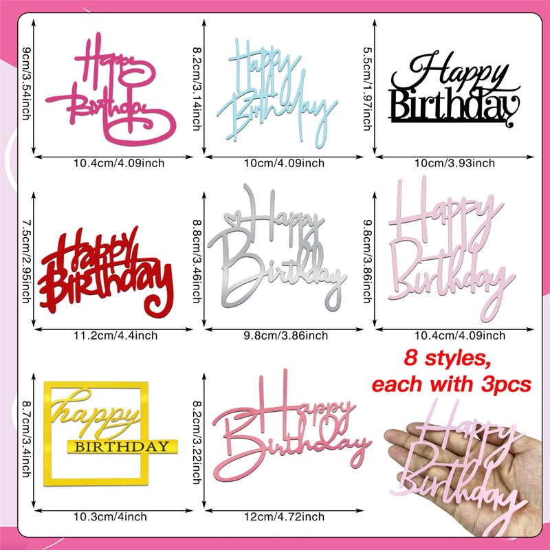 RASSLISA 24 PCS Happy Birthday Cake Toppers Mirror Acrylic Cake Topper Side Cake Decorations in 8 Colors Black Silver Gold Rose Gold Pink Rose Red Blue Red Ideal Birthday Party Supplies 8 Styles - Image 2