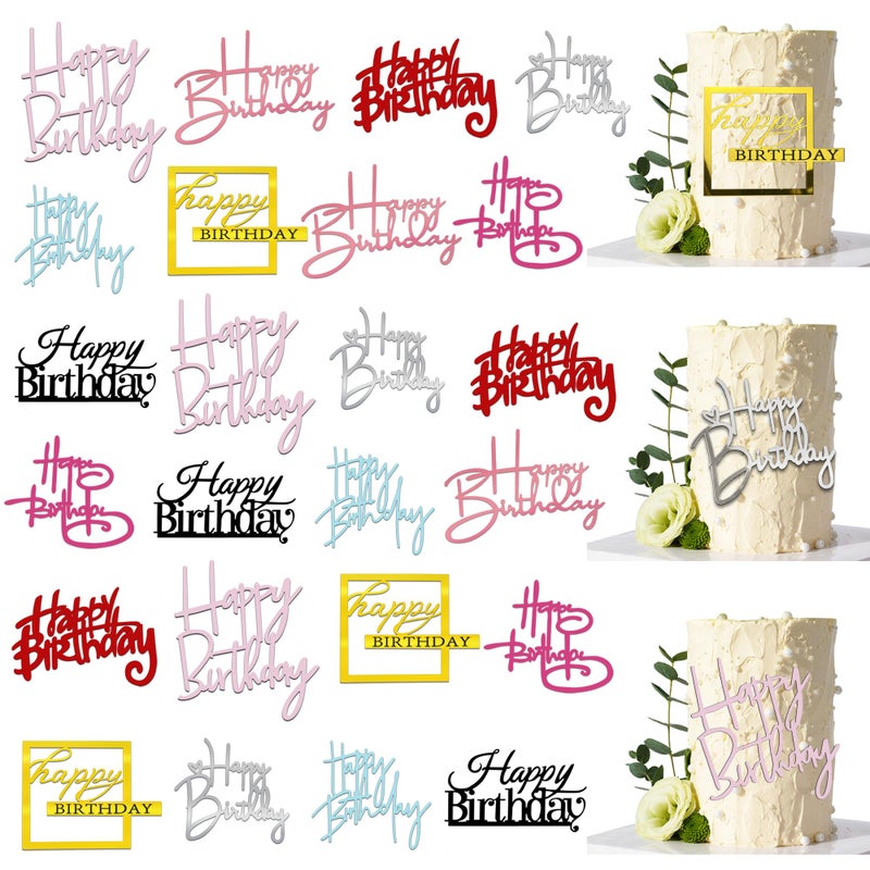 RASSLISA 24 PCS Happy Birthday Cake Toppers Mirror Acrylic Cake Topper Side Cake Decorations in 8 Colors Black Silver Gold Rose Gold Pink Rose Red Blue Red Ideal Birthday Party Supplies 8 Styles - Image 1
