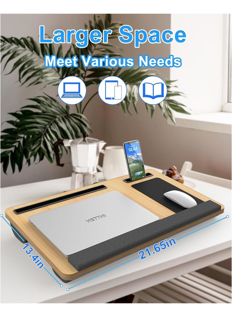 NNEWVANTE Laptop Lap Desk, Portable Large Laptop Desk for Bed, Up to 17 in Laptop Table with Wrist Rest, Mouse Pad, Tablet Phone Slot, Portable Handle, Laptop Lap Table with Cushion (Natural)  - Image 2
