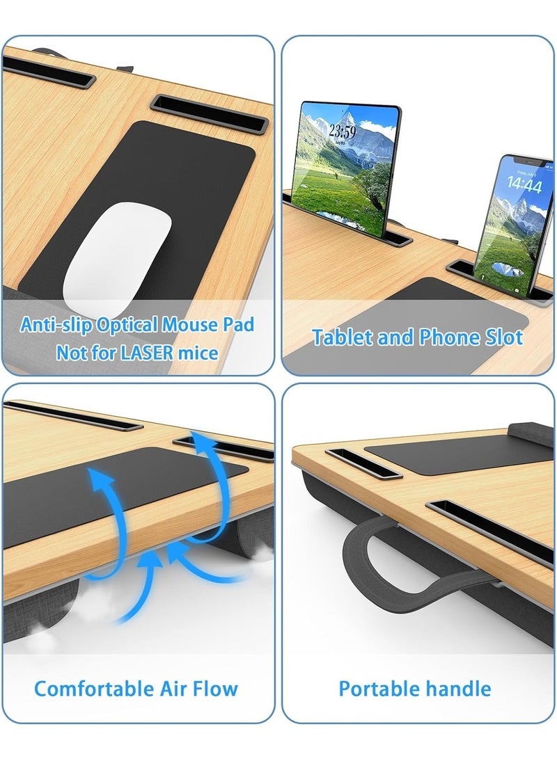 NNEWVANTE Laptop Lap Desk, Portable Large Laptop Desk for Bed, Up to 17 in Laptop Table with Wrist Rest, Mouse Pad, Tablet Phone Slot, Portable Handle, Laptop Lap Table with Cushion (Natural)  - Image 4