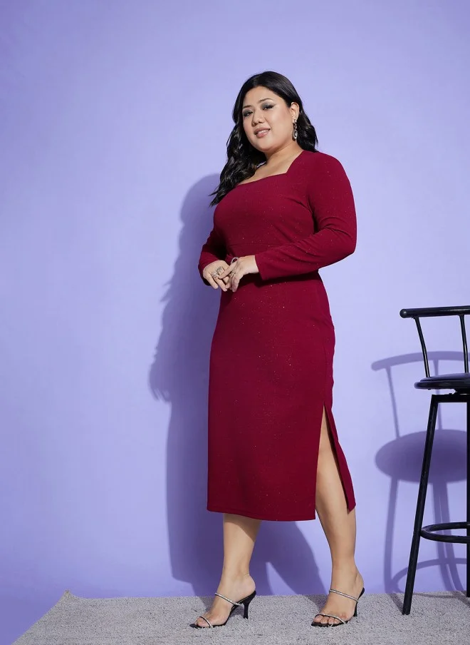 SASSAFRAS Maroon Plus Size Square Neck Midi Dress for Women