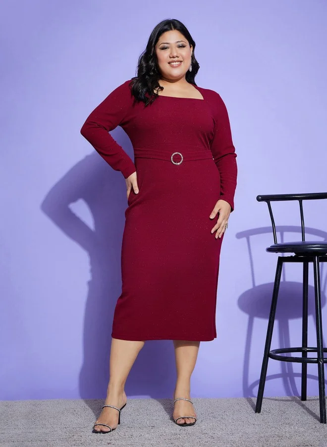 SASSAFRAS Maroon Plus Size Square Neck Midi Dress for Women