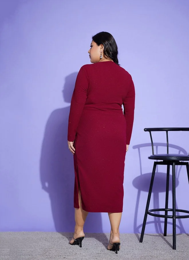 SASSAFRAS Maroon Plus Size Square Neck Midi Dress for Women