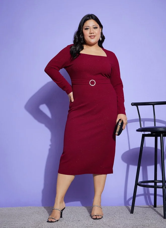 SASSAFRAS Maroon Plus Size Square Neck Midi Dress for Women