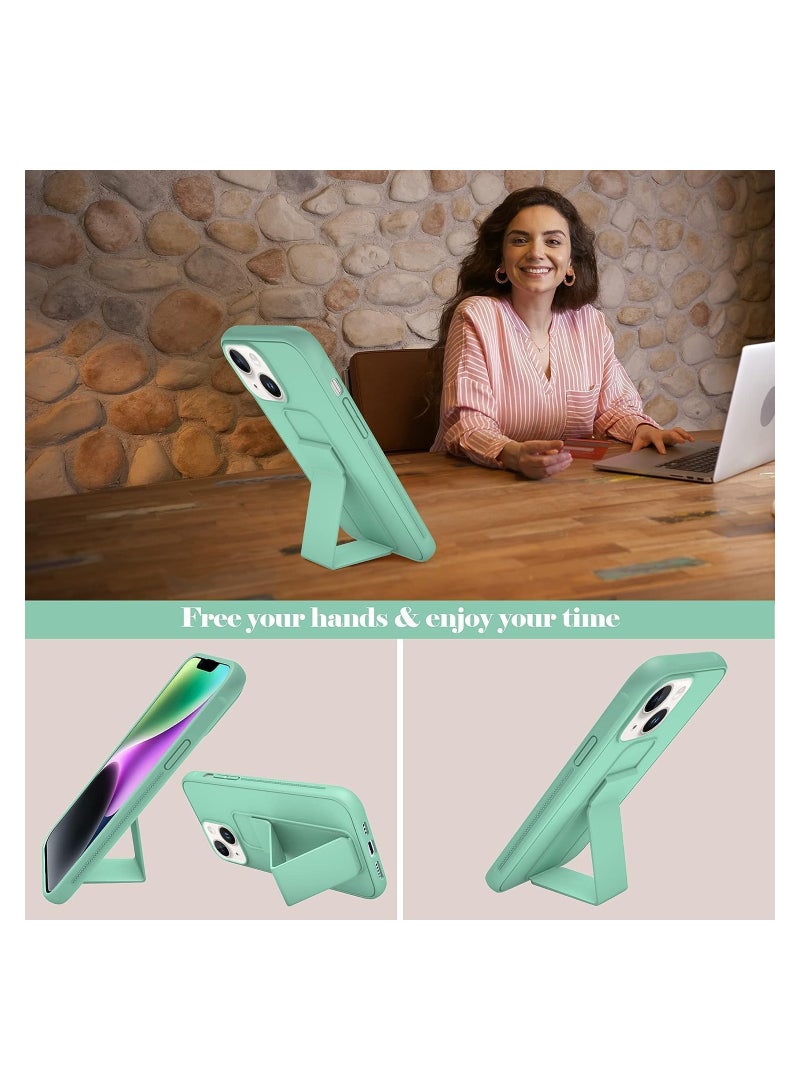 Case Compatible with iPhone 15 Plus Case Cover Magnetic Car Mount Kickstand & Holder, Premium Silicone Vertical & Horizontal Hand Strap and Grip with Multi Stand (Mint) - Image 5