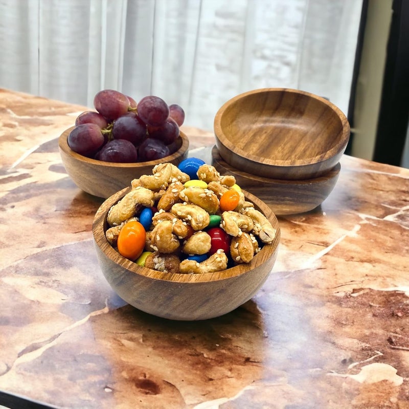 WRIGHTMART Acacia Wood Small Round Bowls Set of 4 Handmade Wooden Bowls for Serving Charcuterie Condiments Nuts Dips and Snacks Rustic Decorative Design Small Size 4 Diameter x 12Ht - Image 2