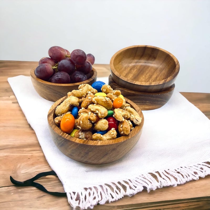 WRIGHTMART Acacia Wood Small Round Bowls Set of 4 Handmade Wooden Bowls for Serving Charcuterie Condiments Nuts Dips and Snacks Rustic Decorative Design Small Size 4 Diameter x 12Ht - Image 5