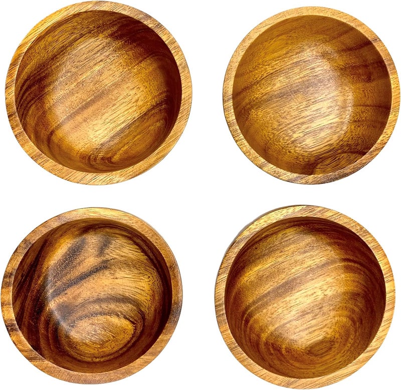 WRIGHTMART Acacia Wood Small Round Bowls Set of 4 Handmade Wooden Bowls for Serving Charcuterie Condiments Nuts Dips and Snacks Rustic Decorative Design Small Size 4 Diameter x 12Ht - Image 3