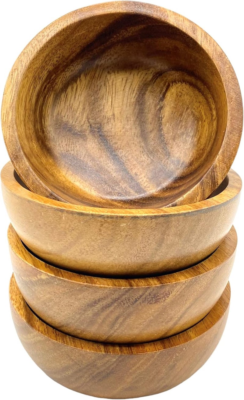 WRIGHTMART Acacia Wood Small Round Bowls Set of 4 Handmade Wooden Bowls for Serving Charcuterie Condiments Nuts Dips and Snacks Rustic Decorative Design Small Size 4 Diameter x 12Ht - Image 1