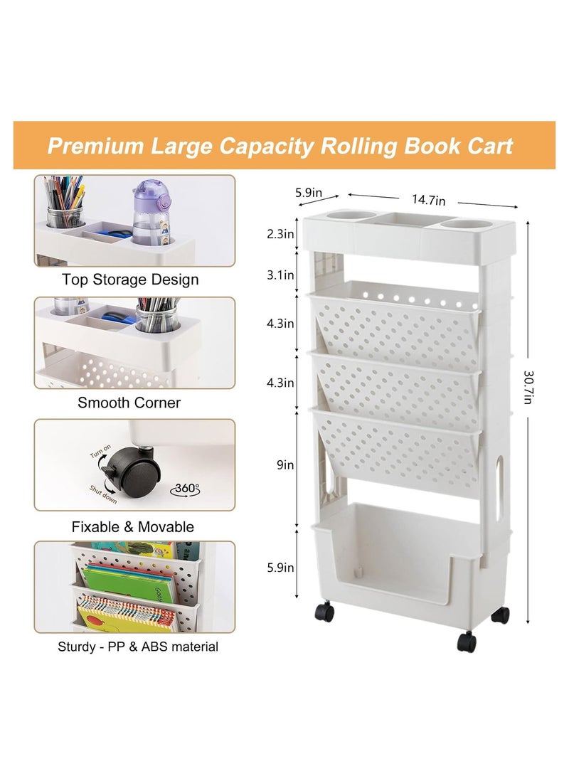 Movable Storage Bookshelf Magazine Rack Book Carts with Wheel 5-Tier Large Capacity Mobile Rotating Bookshelf Floor Standing Simple Household Bookcase - Image 3