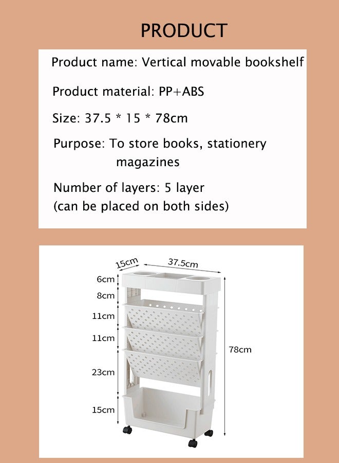 Movable Storage Bookshelf Magazine Rack Book Carts with Wheel 5-Tier Large Capacity Mobile Rotating Bookshelf Floor Standing Simple Household Bookcase - Image 2