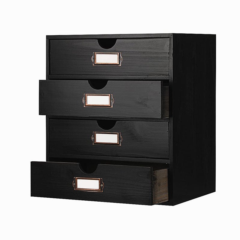 PACKGILO Wooden Storage Box Rustic Desktop Organizer with 4 Drawers Office Desk Accessories Shelf Large Craft Storage Containers Apothecary Cabinet and Chest Jewelry Holder for womenBLACK