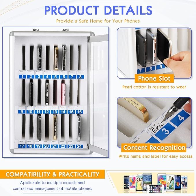 VPGS Cell Phone Locker Box Aluminum Alloy Cell Phones Storage Cabinet Pocket with Lock Desktop Wall Mobile Phone Holder Cell Phone Lock Box for Classroom Office24 Slots - Image 5
