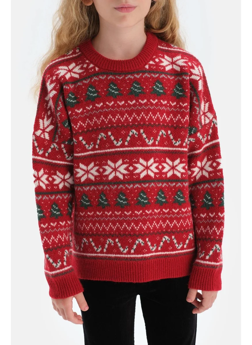 داجي Red Jacquard Knitwear Sweater