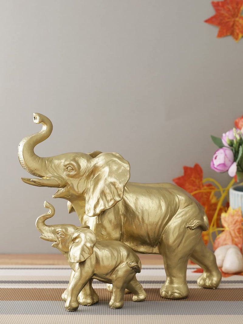 CraftVatika CraftVatika Resin Trunk Up Elephant Mother Elephant with Baby Showpiece Ethiopian Elephant Figurine Gold 8 Inch Height - Image 1