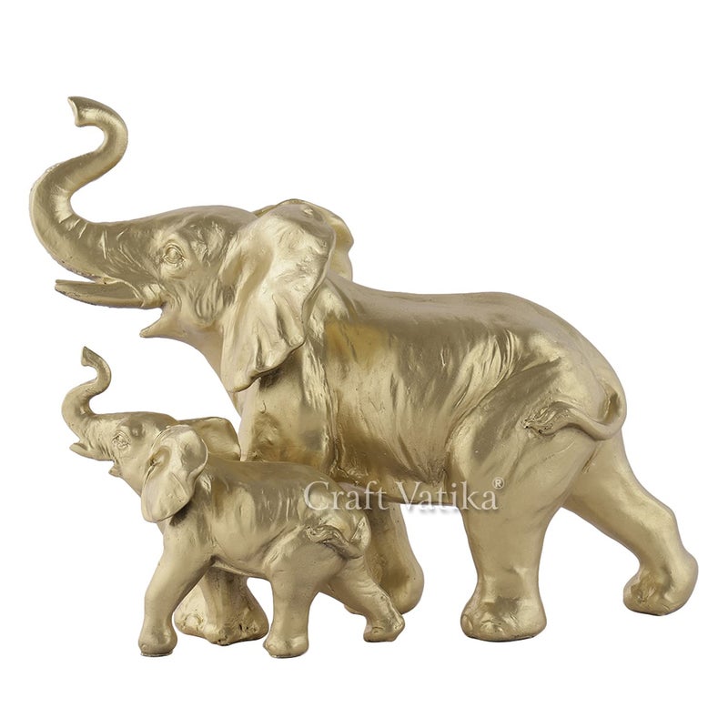 CraftVatika CraftVatika Resin Trunk Up Elephant Mother Elephant with Baby Showpiece Ethiopian Elephant Figurine Gold 8 Inch Height - Image 2