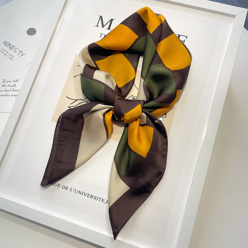 Oil painting small square scarf silk scarf for women Spring Autumn Winter mom matching shirt neck protection scarf scarf scarf 70x70 Rectangular color matching 70 square scarf-yellow green