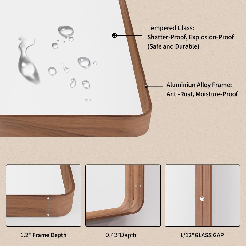 LOAAO 24X36 Inch Bathroom Mirror with Wood Grain Colored Metal Frame, Rounded Rectangle Metal Framed Bathroom Mirror, Anti-Rust, Hangs Horizontally or Vertically - Image 5