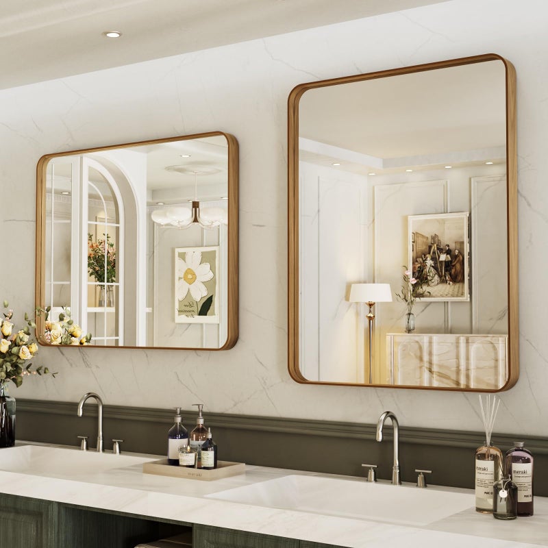 LOAAO 24X36 Inch Bathroom Mirror with Wood Grain Colored Metal Frame, Rounded Rectangle Metal Framed Bathroom Mirror, Anti-Rust, Hangs Horizontally or Vertically - Image 4