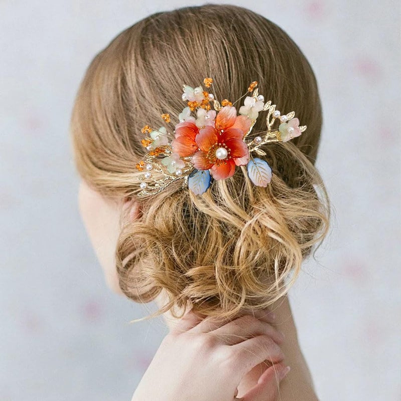 Jaczora 5PCS Traditional Chinese Hanfu Hair Accessories, Floral Pearl Crystal Hairpin Set with Tassel, Orange Flower Wedding Headpiece - Image 5