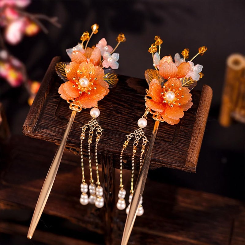 Jaczora 5PCS Traditional Chinese Hanfu Hair Accessories, Floral Pearl Crystal Hairpin Set with Tassel, Orange Flower Wedding Headpiece - Image 4