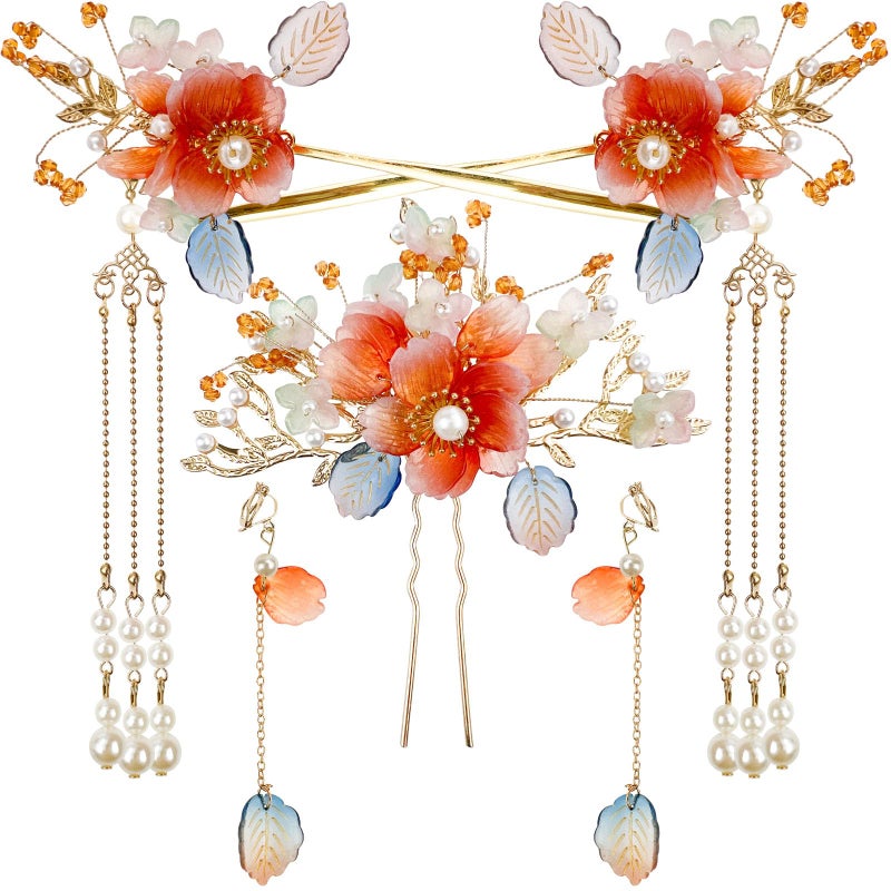 Jaczora 5PCS Traditional Chinese Hanfu Hair Accessories, Floral Pearl Crystal Hairpin Set with Tassel, Orange Flower Wedding Headpiece - Image 1
