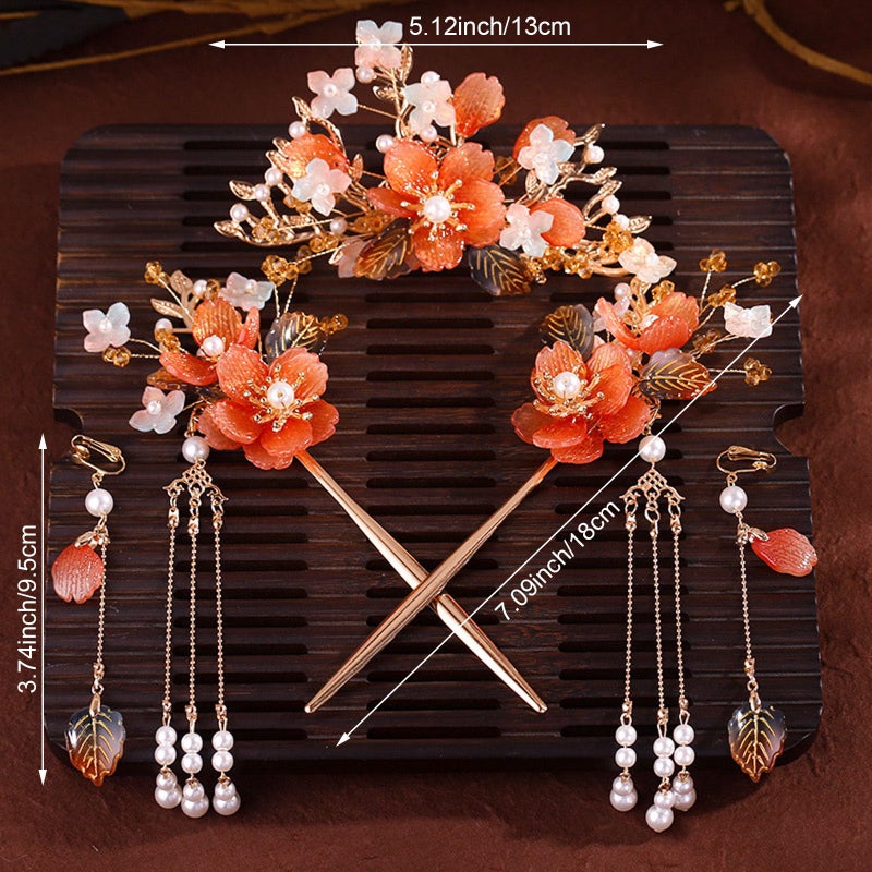 Jaczora 5PCS Traditional Chinese Hanfu Hair Accessories, Floral Pearl Crystal Hairpin Set with Tassel, Orange Flower Wedding Headpiece - Image 2