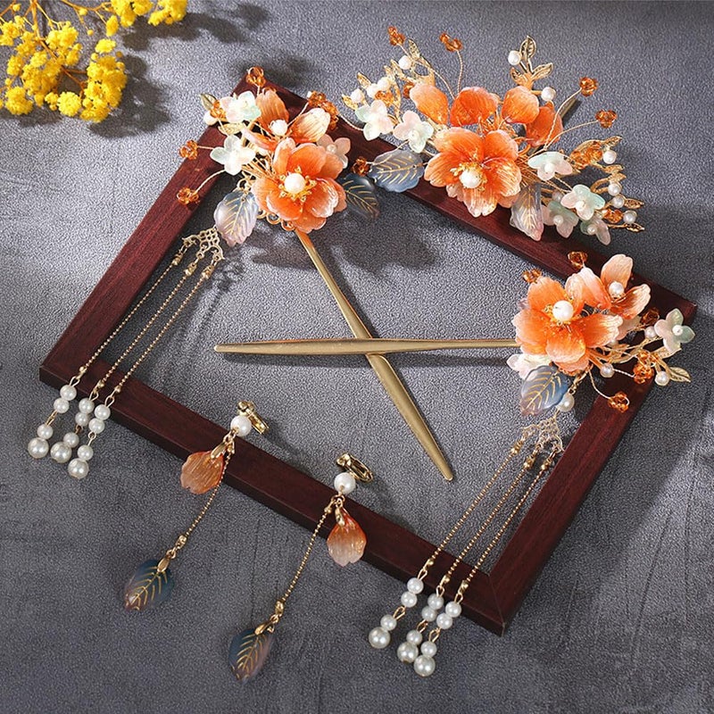 Jaczora 5PCS Traditional Chinese Hanfu Hair Accessories, Floral Pearl Crystal Hairpin Set with Tassel, Orange Flower Wedding Headpiece - Image 3