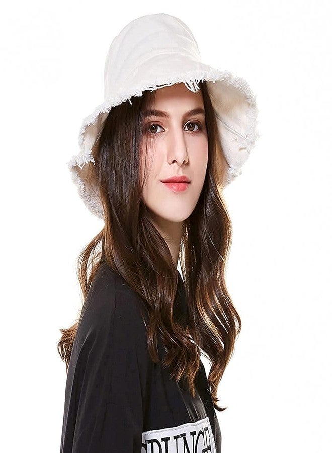 UTOWO Frayed-Edge-Bucket-Hat-Summer Distressed-Beach-Sun-Hat-for-Women Men Teens Girls- Floppy Wide-Brim Fisherman Cap(Size: 7 1/8) White - Image 5