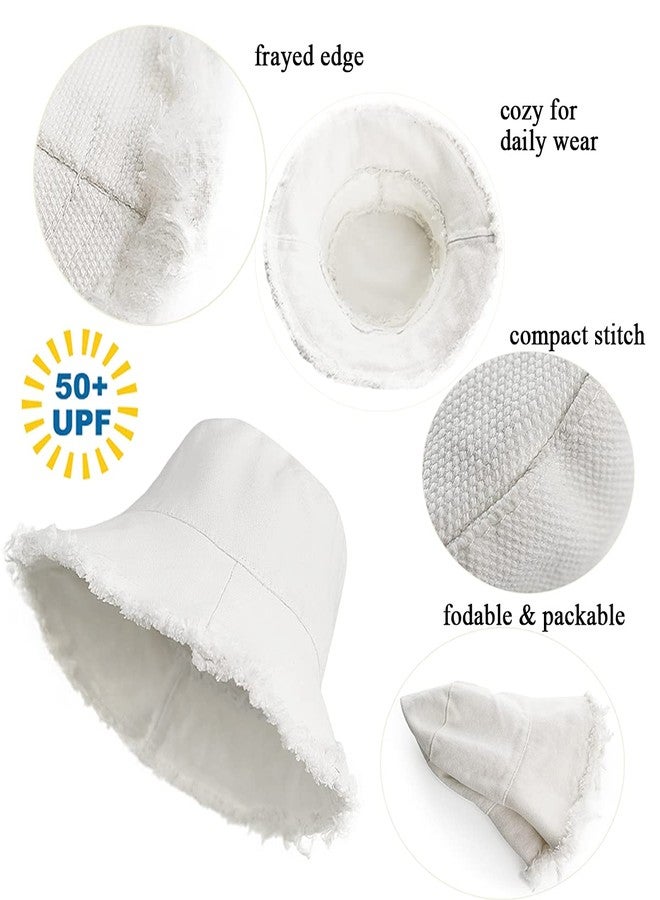 UTOWO Frayed-Edge-Bucket-Hat-Summer Distressed-Beach-Sun-Hat-for-Women Men Teens Girls- Floppy Wide-Brim Fisherman Cap(Size: 7 1/8) White - Image 3