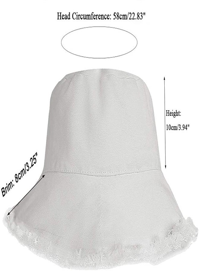 UTOWO Frayed-Edge-Bucket-Hat-Summer Distressed-Beach-Sun-Hat-for-Women Men Teens Girls- Floppy Wide-Brim Fisherman Cap(Size: 7 1/8) White - Image 2